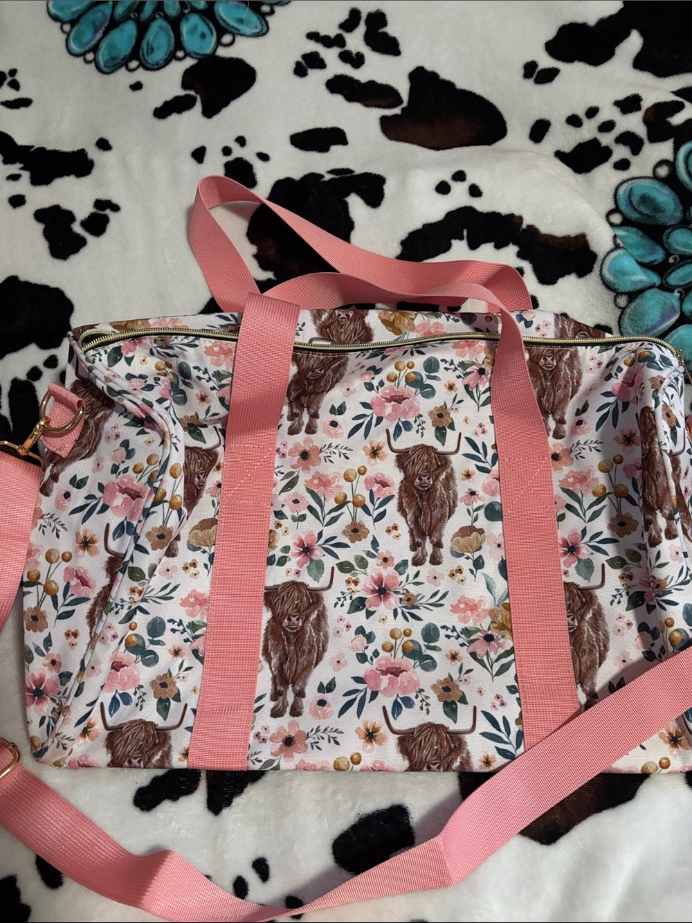 Source Unknown Pink Floral Highland Cow Travel Duffel